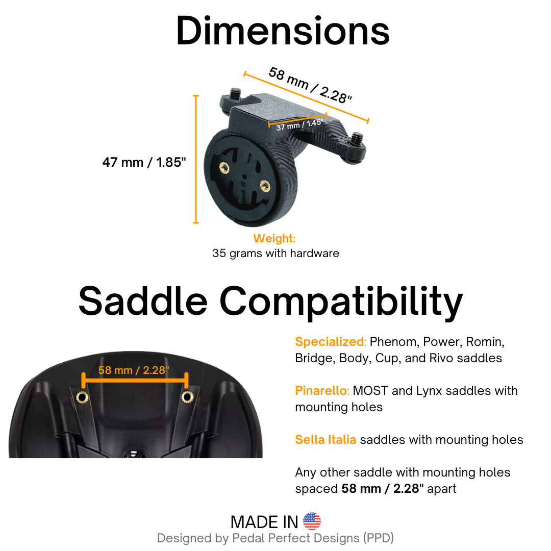 Garmin RTL/RCT and Wahoo Saddle Mount for Specialized/S-Works, Pinarello Most, and Sella Italia Saddles. Made in USA. 3 Size Variations.