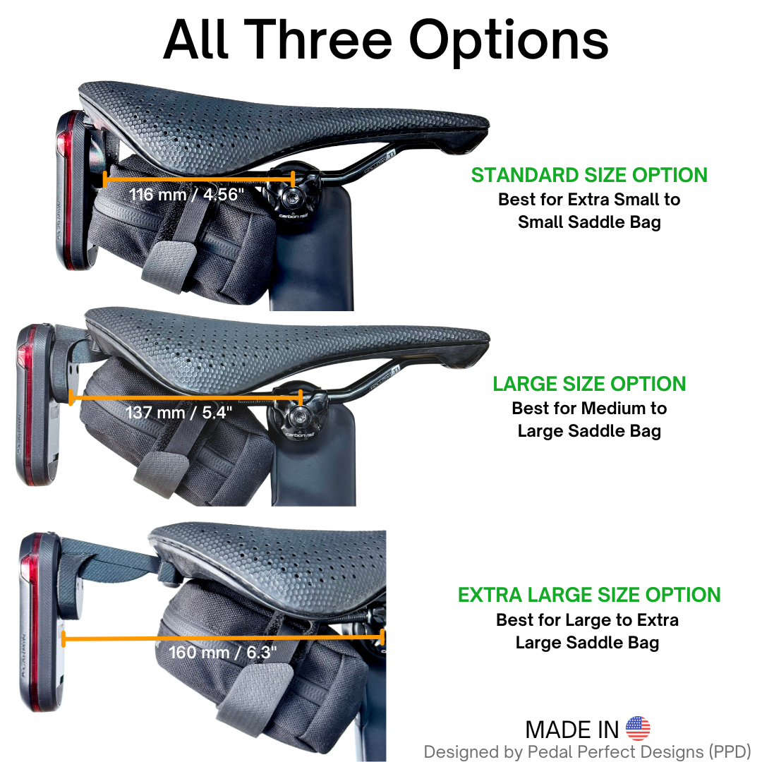 Garmin RTL/RCT and Wahoo Saddle Mount for Specialized/S-Works, Pinarello Most, and Sella Italia Saddles. Made in USA. 3 Size Variations.