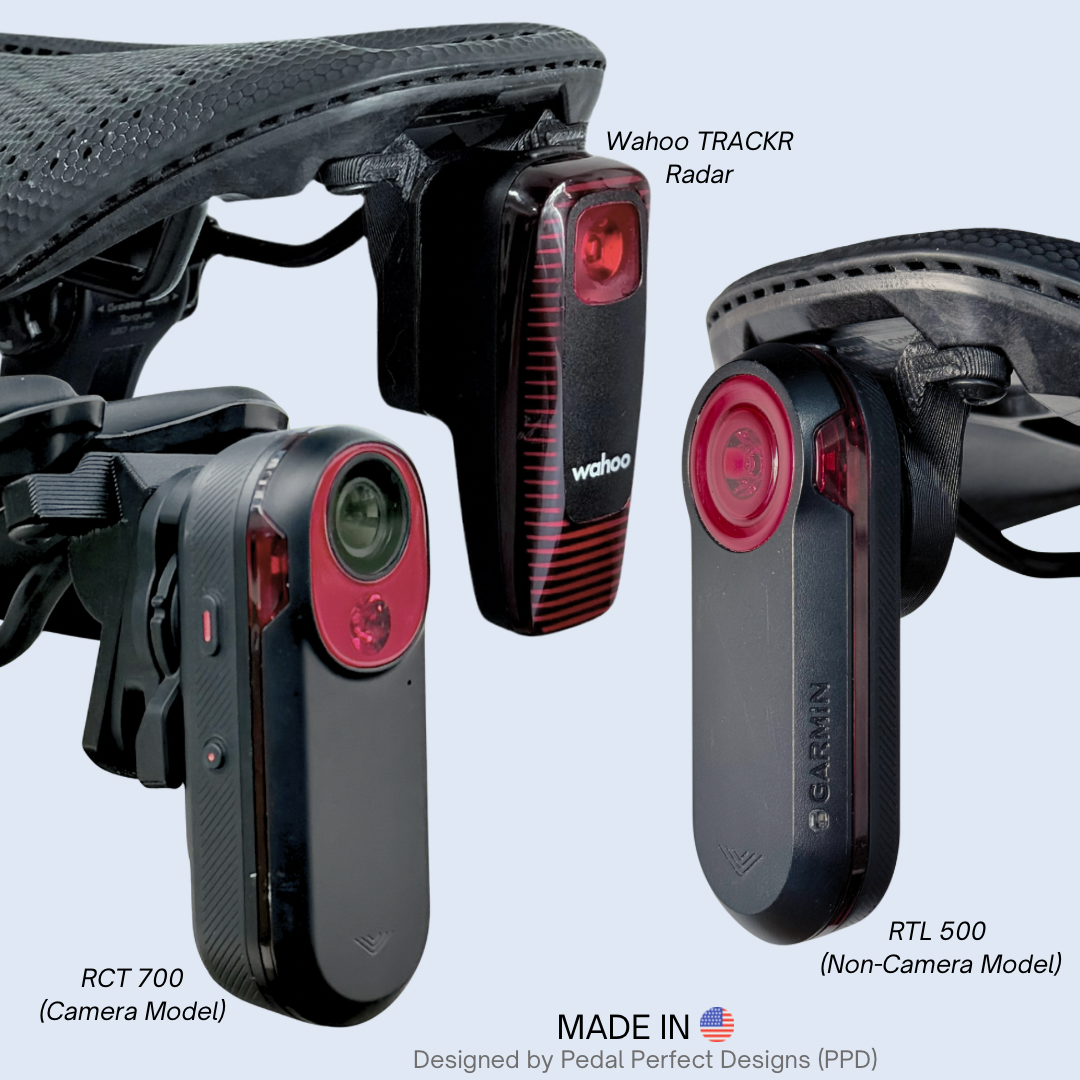 Garmin RTL/RCT and Wahoo Saddle Mount for Specialized/S-Works, Pinarello Most, and Sella Italia Saddles. Made in USA. 3 Size Variations.
