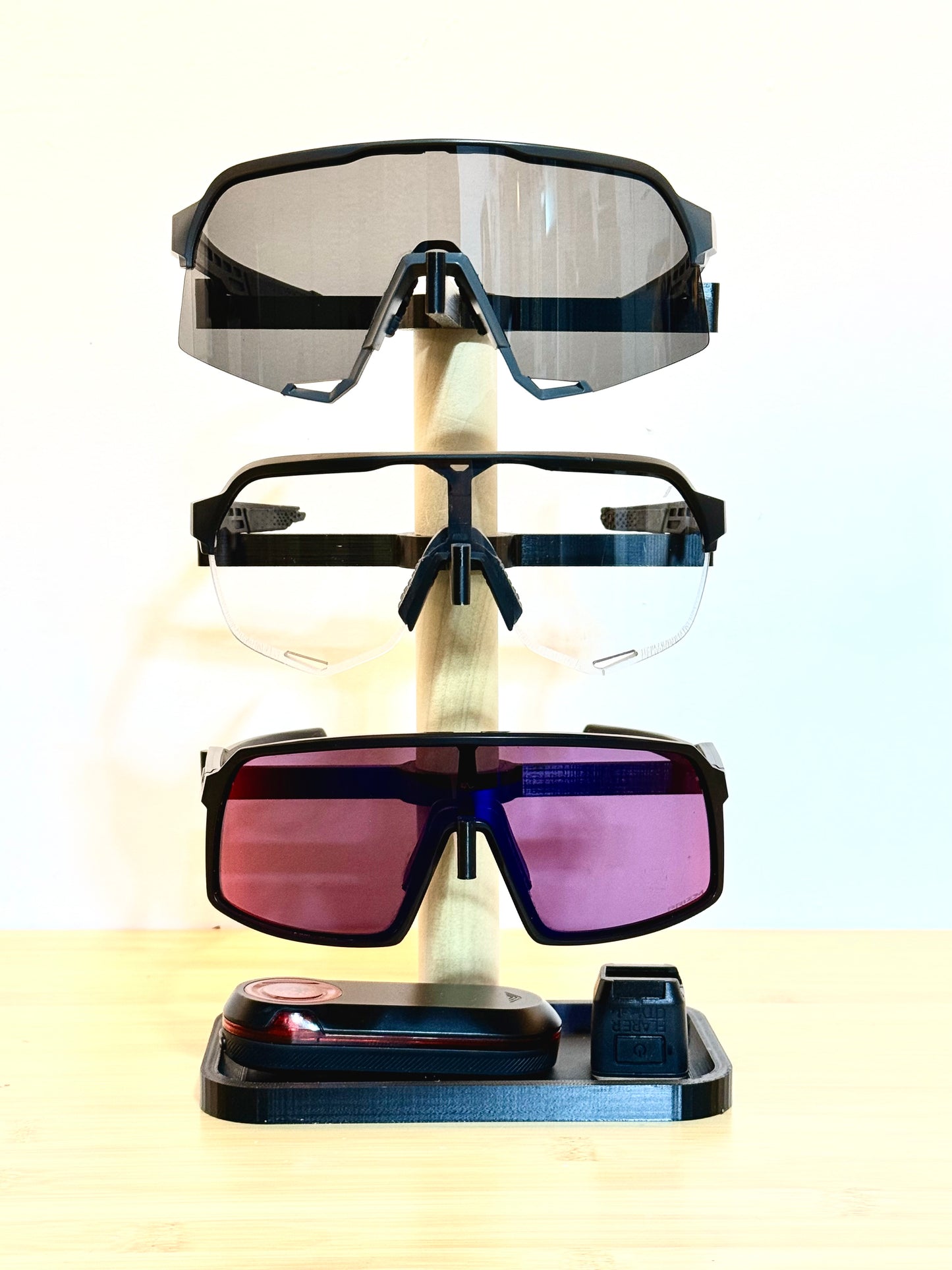 Sleek Triple-Tier Eyewear Stand with Accessory Tray