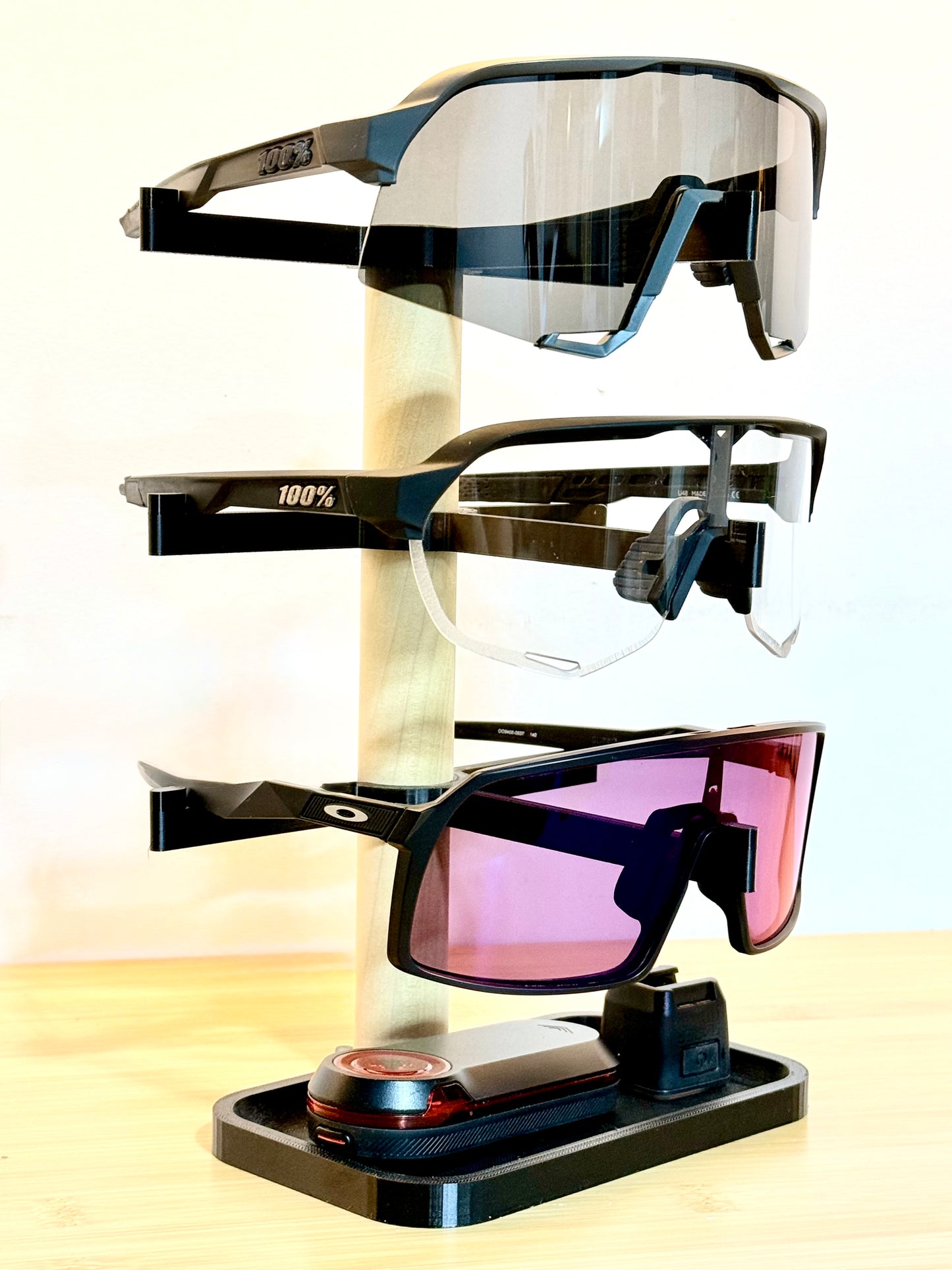 Sleek Triple-Tier Eyewear Stand with Accessory Tray